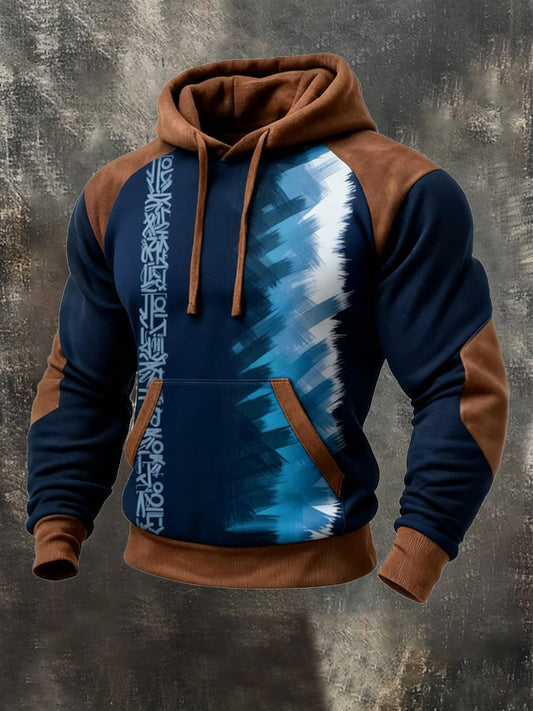 Men's Retro Distressed Color Block Print Casual Fur Collar Long Sleeve Sweatshirt