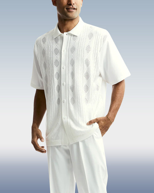 Rianmond Men's White Textured Knit Short Sleeve Walking Suit 001