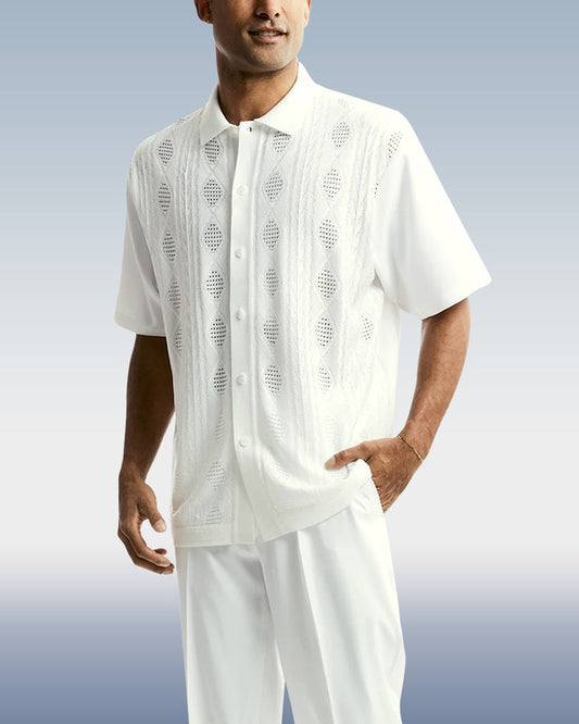 Rianmond Men's White Textured Knit Short Sleeve Walking Suit 001