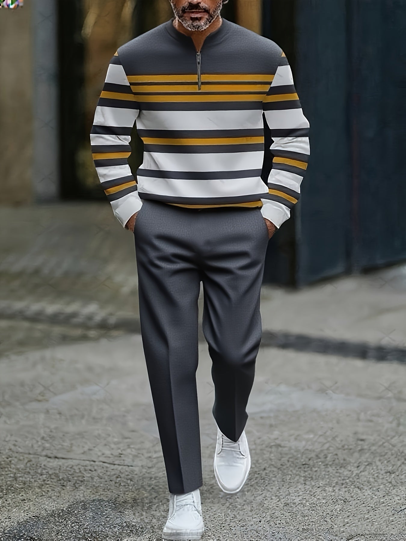 Men's Casual Color Matching Printed Round-Neck Zipper Long Sleeved Trousers Two-Piece Set