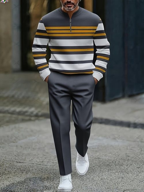 Men's Casual Color Matching Printed Round-Neck Zipper Long Sleeved Trousers Two-Piece Set