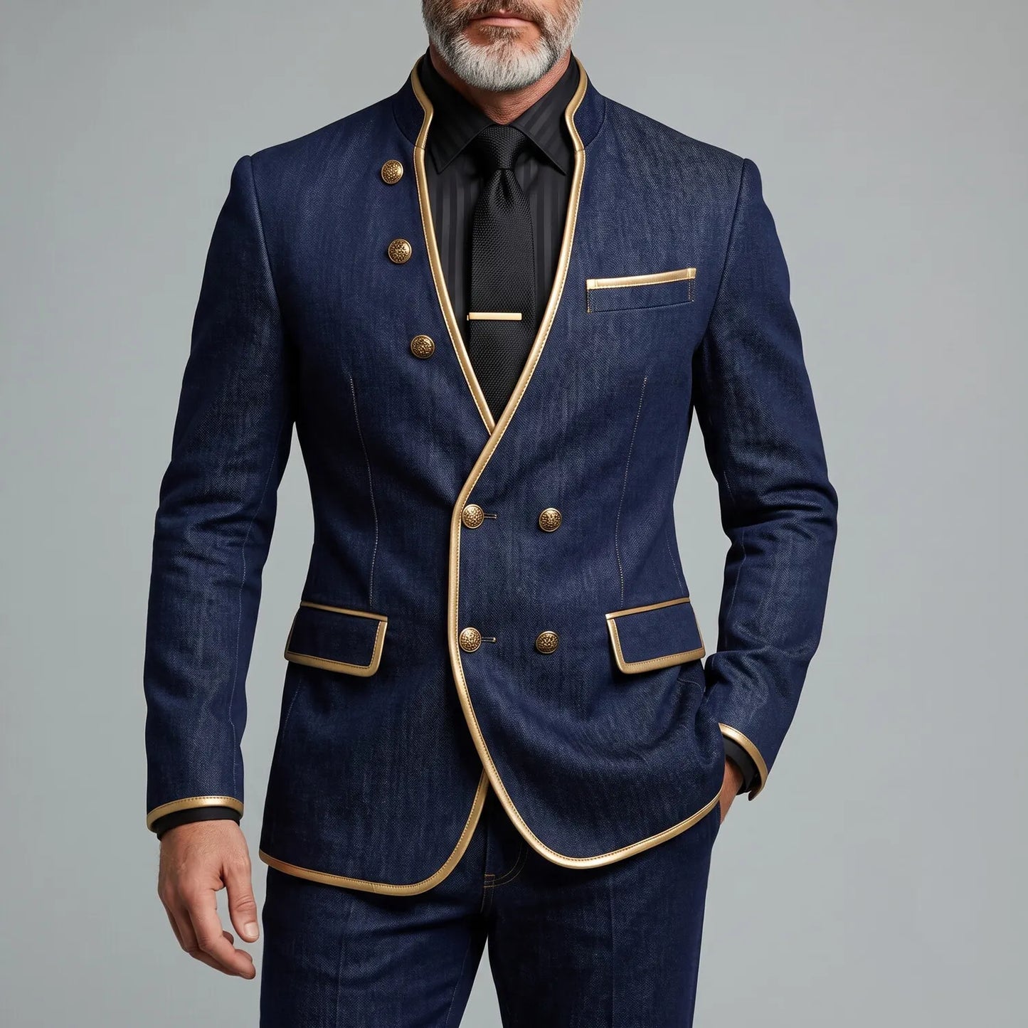 Men's Navy Blue Denim Contrast Piping Stand Collar Double-Breasted Jacket