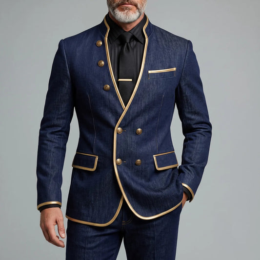 Men's Navy Blue Denim Contrast Piping Stand Collar Double-Breasted Jacket