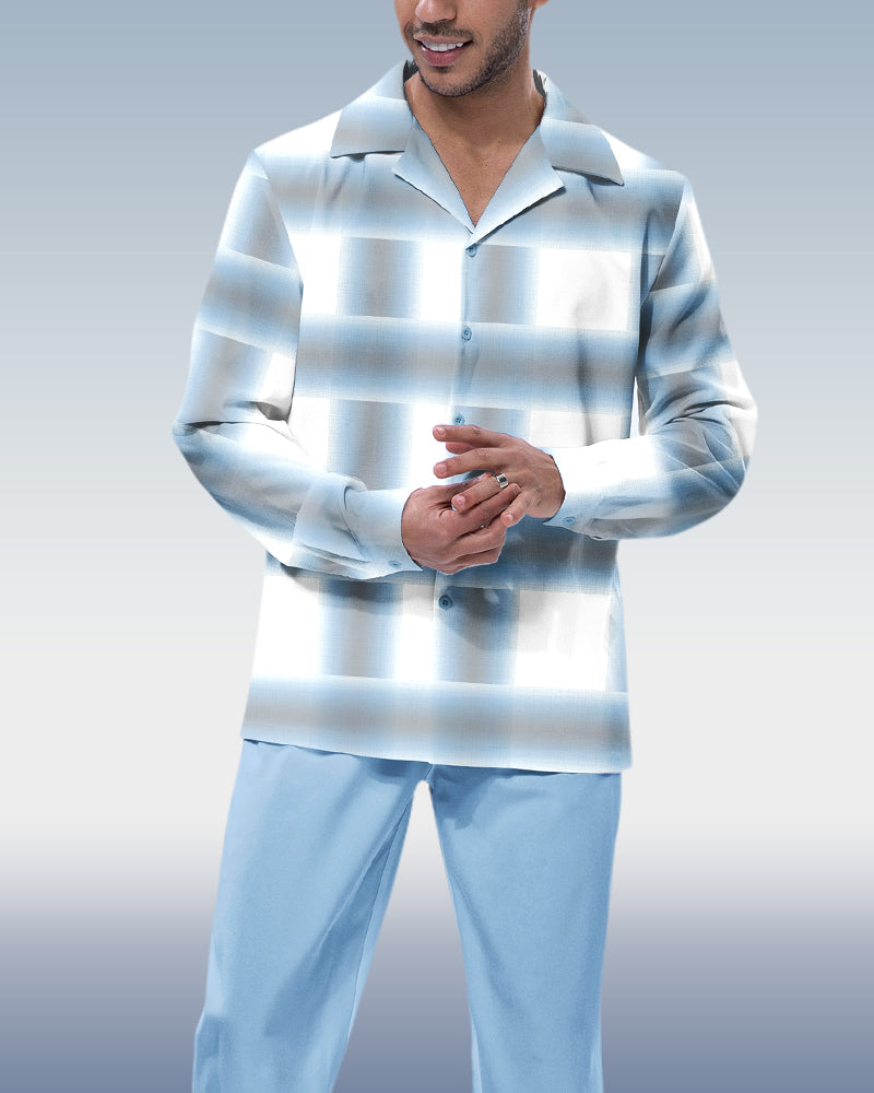Suitmens Men's Blue Plaid Long Sleeve Walking Suit