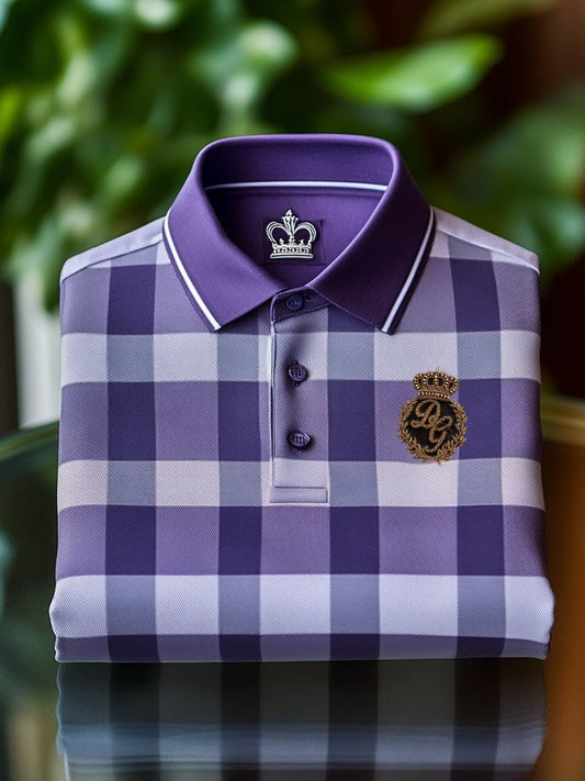 Men's Classic Business Check Logo Button Short Sleeve Polo Shirt