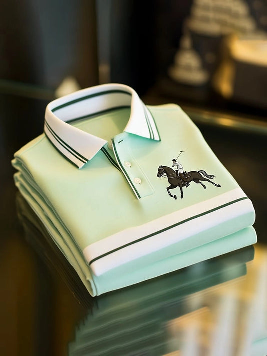 Men's Classic Business Check Logo Button Short Sleeve Polo Shirt
