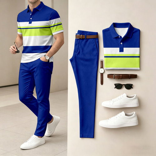 Men's Casual Striped Contrasting Printed Polo Shirt And Pants Two-Piece Set