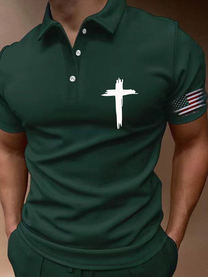 Men's Flag Cross Print Button Casual Polo Shirt