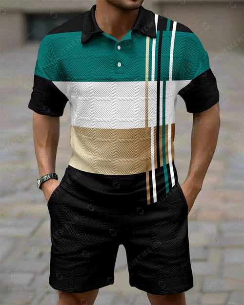 Men's Colorblock Simple Texture Summer Polo Shirt Set 259
