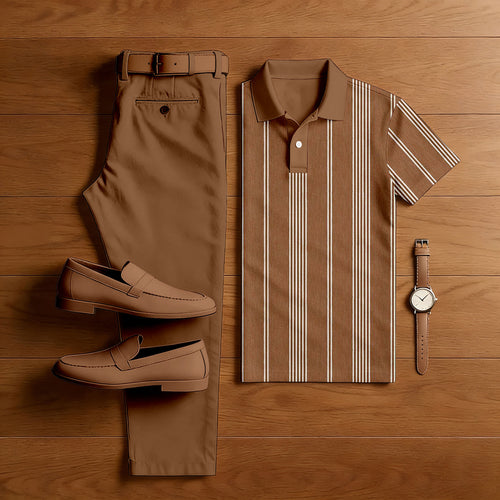 Men's Casual Brown & White Color Matching Striped Printed Short Sleeved Polo Shirt & Trousers Two-Piece Set