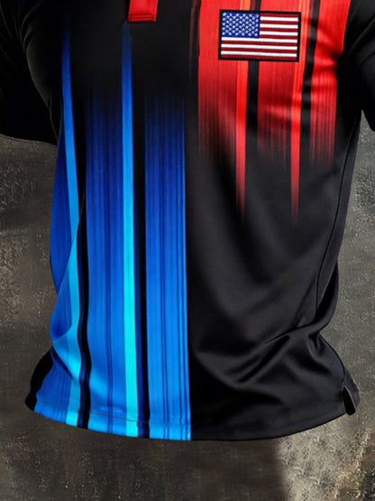 Men's Retro Patriot Color Block Polo Collar Short Sleeve