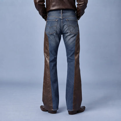 Men's Vintage Denim PU Leather Patchwork Single Breasted Bell Bottom Pants