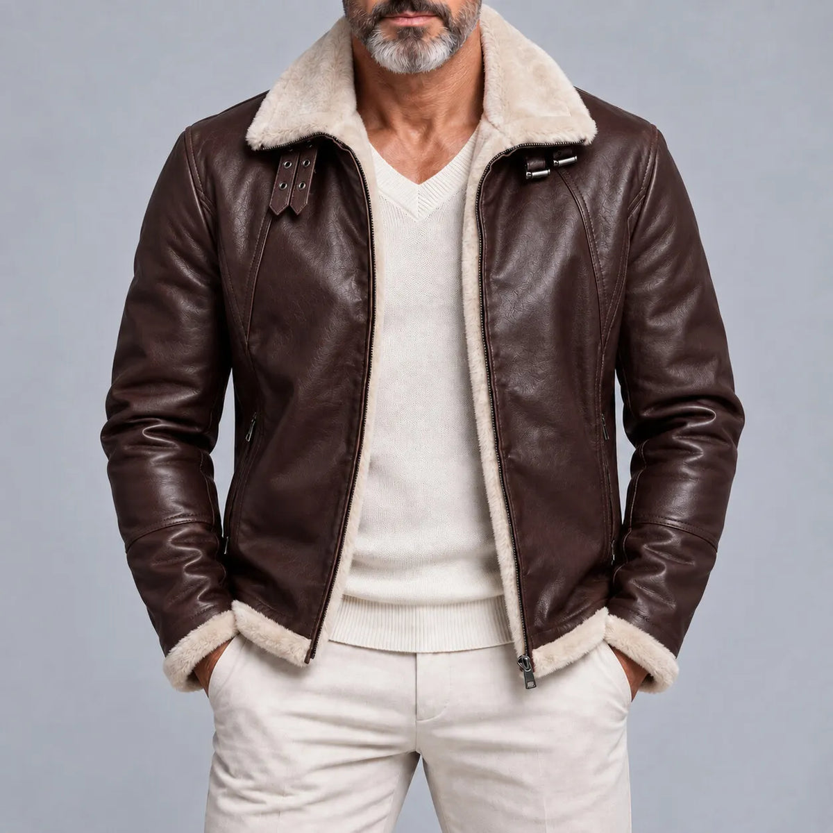 Men's Vintage Zipper Pocket Turndown Collar Fleece Lined PU Leather Jacket