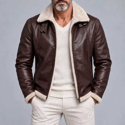 Men's Vintage Zipper Pocket Turndown Collar Fleece Lined PU Leather Jacket
