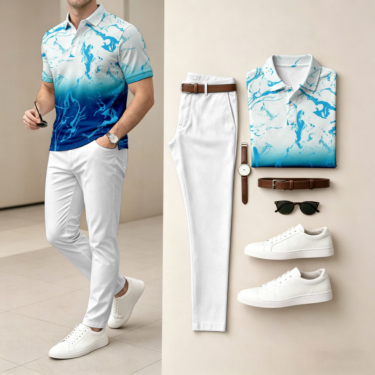 Men's Casual White Lightning Printed Polo Shirt And Pants Two-Piece Set