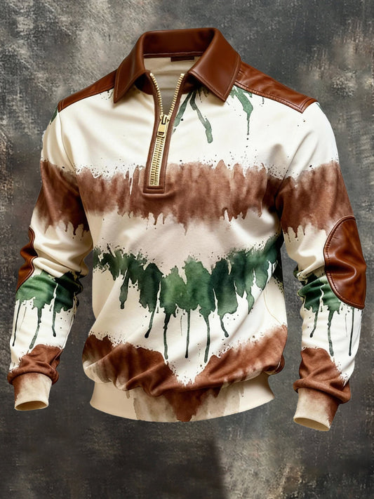 Men's Vintage Color-Block Printed Zip-Up Hoodie