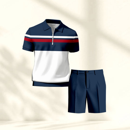 Men's Casual Printed Polo Shirt And Pants Two-Piece Set