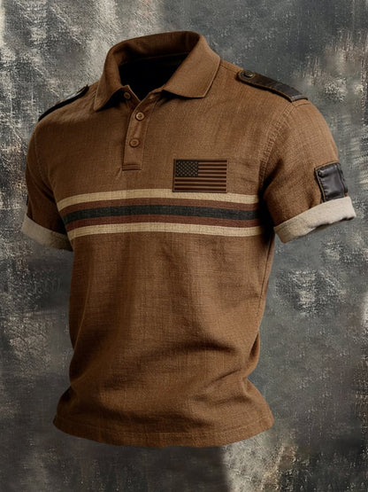 Men'S Retro Color-Block "Patriot" Polo-Collar Casual Cotton-Linen T-Shirt