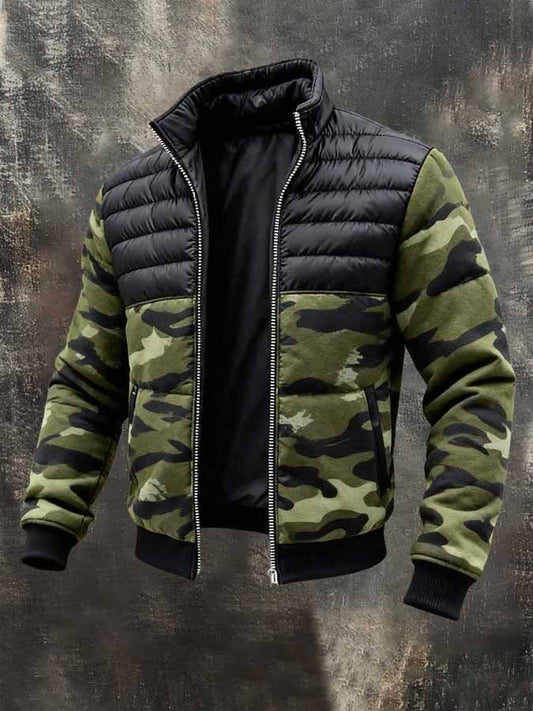 Men's Retro Camouflage Print Color-Block Outdoor Down Jacket