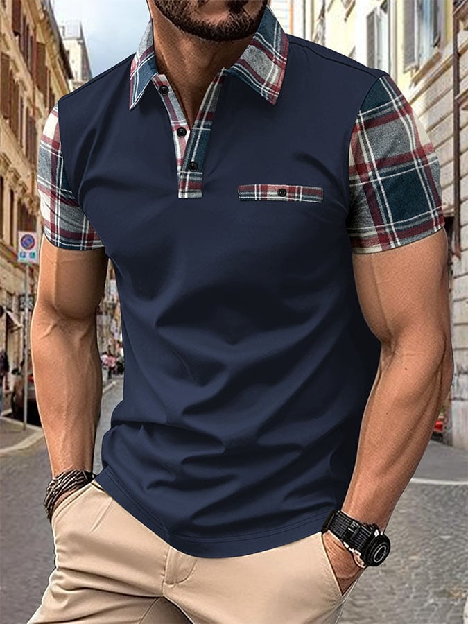 Men'S Casual Patchwork Plaid Polo Shirt