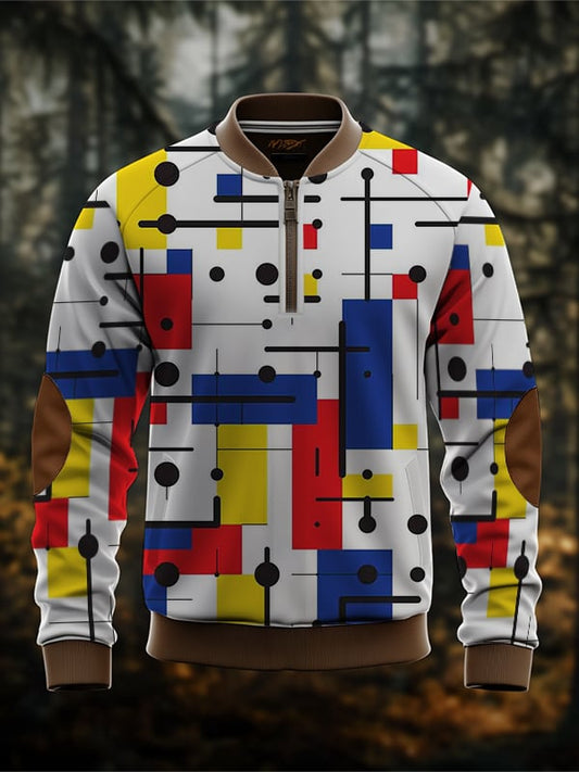 Men's Retro Mondrian Color Block Print Zip Collar Sweatshirt