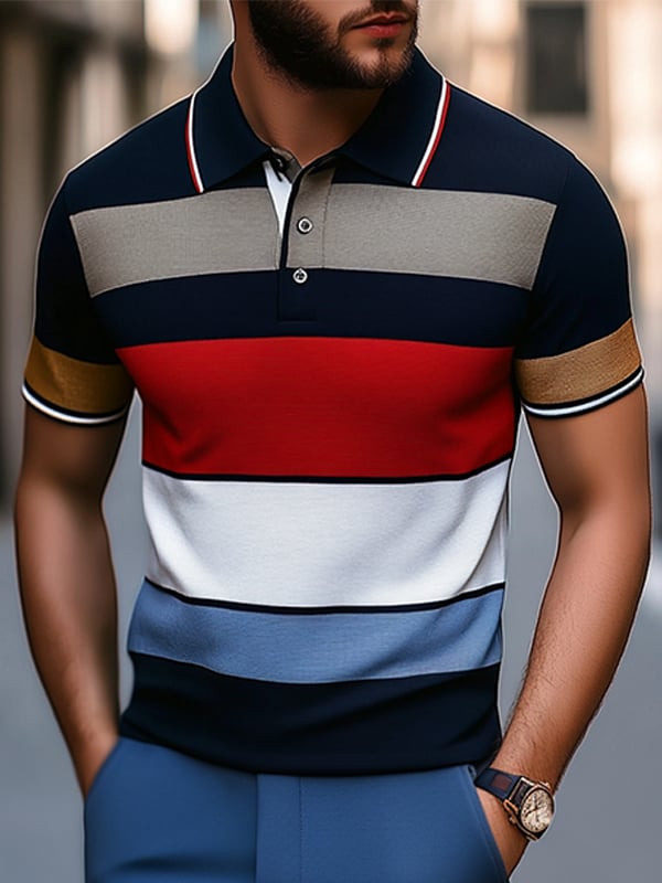 Men's Business Stripe Logo Button-Down Short Sleeve Polo Shirt