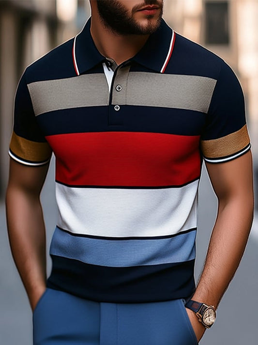 Men's Business Stripe Logo Button-Down Short Sleeve Polo Shirt