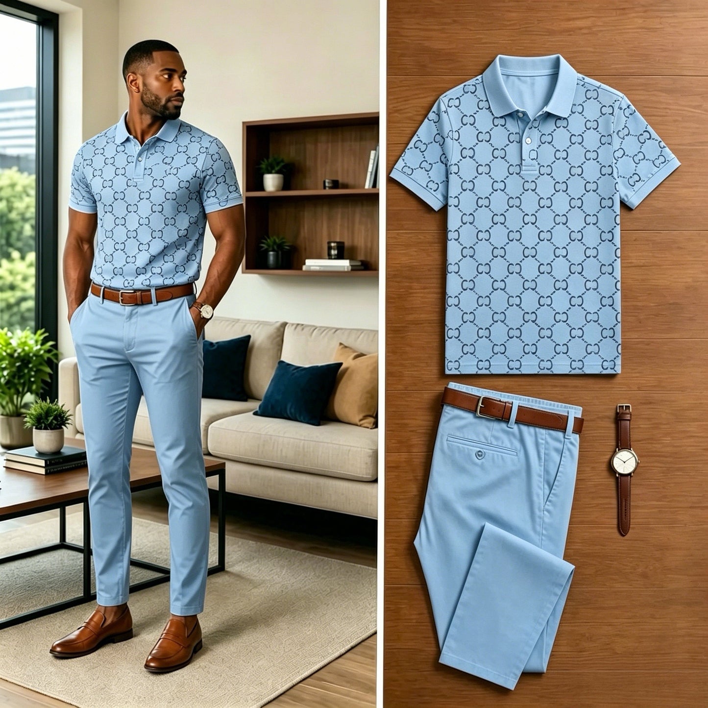 Men's Casual Light Blue Floral Print Polo Shirt And Pants Two-Piece Set