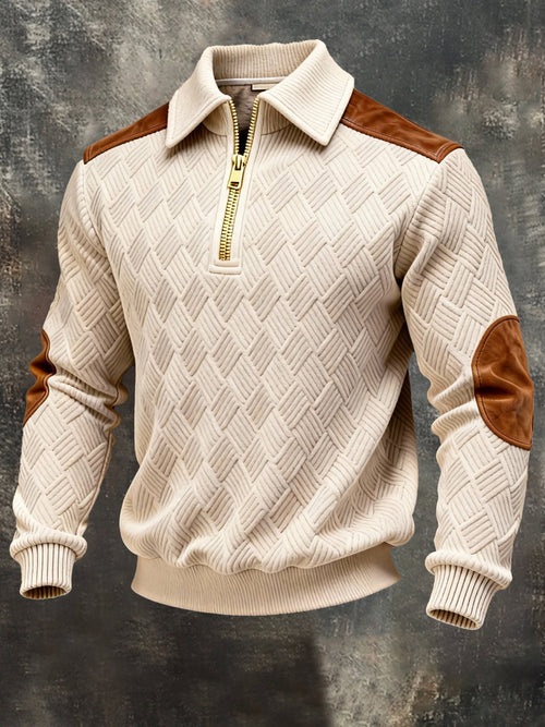 Men's Vintage Jacquard Textured Comfortable Color-Block Zip-Up Sweatshirt