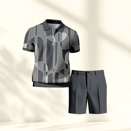 Men's Casual Dark Gray Geometry Printed Polo Shirt And Pants Two-Piece Set