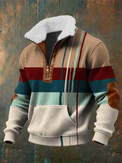 Men's Retro Abstract Art Print Zippered Fur Collar Pocket Patchwork Long-Sleeved Sweatshirt