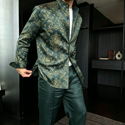Men's Casual Subtle-Patterned Printed Stand-Collar Long-Sleeve Shirt and Pants Two-Piece Set