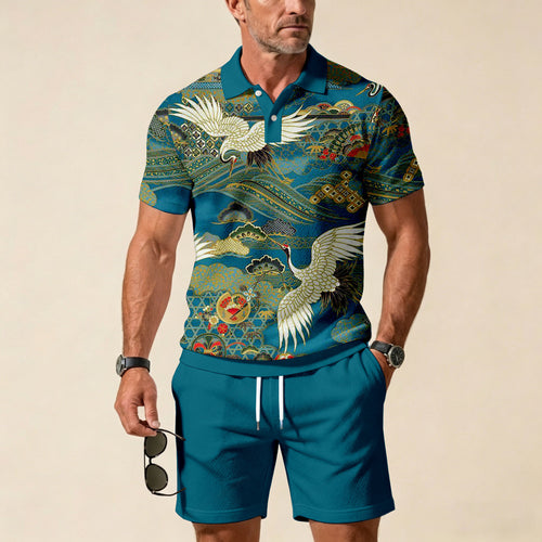 Men's Casual Dark Green Crane Color Matching Printed Short Sleeved Zipper Polo Shirt & Shorts Two-Piece Set
