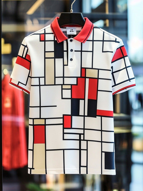 Men's Business Casual Bauhaus Style Button Short Sleeve Polo Shirt