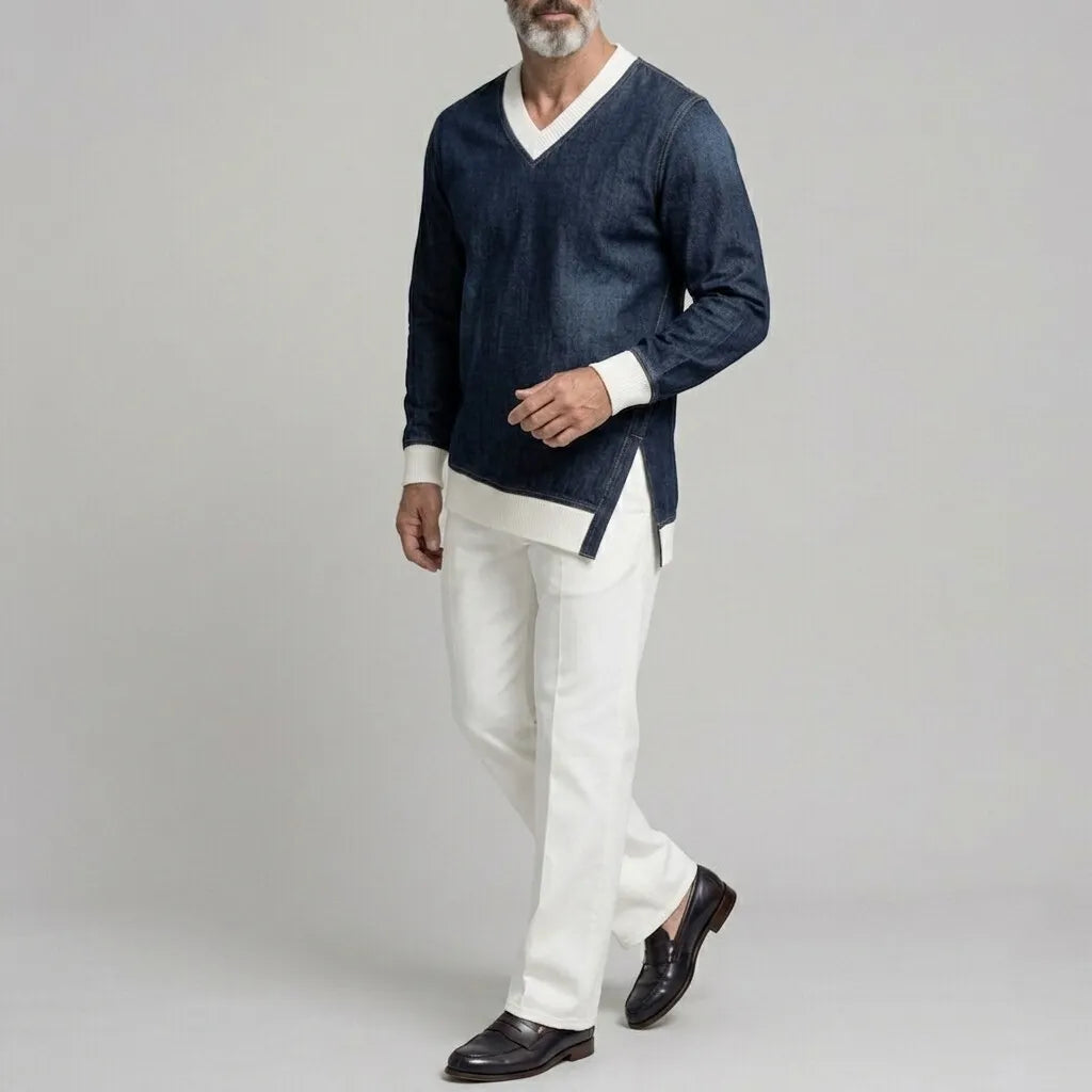 Men's Casual V Neck Contrast Rib Knit Trim Side Split Long Sleeve Denim Sweatshirt
