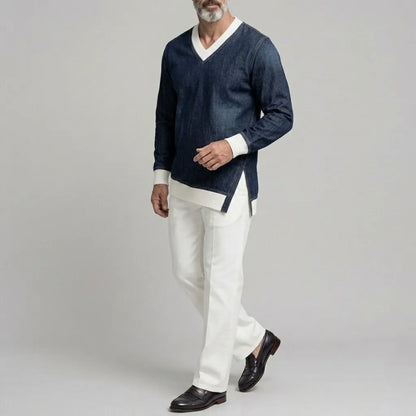 Men's Casual V Neck Contrast Rib Knit Trim Side Split Long Sleeve Denim Sweatshirt