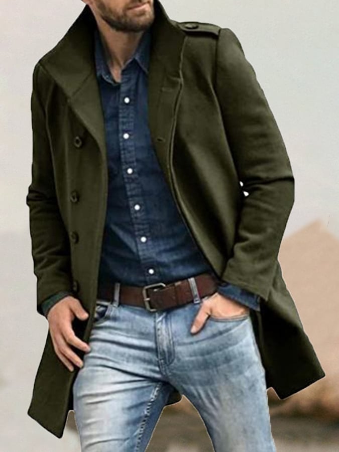 Men's Fashion Casual Standing Collar Double Breasted Faux Wool Coat