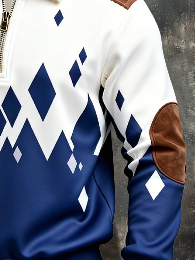 Men's Retro Color Block Print Zipper Sweatshirt