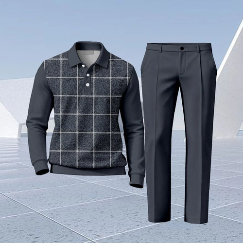 Men's Checkered Print Polo Shirt and Pants Set