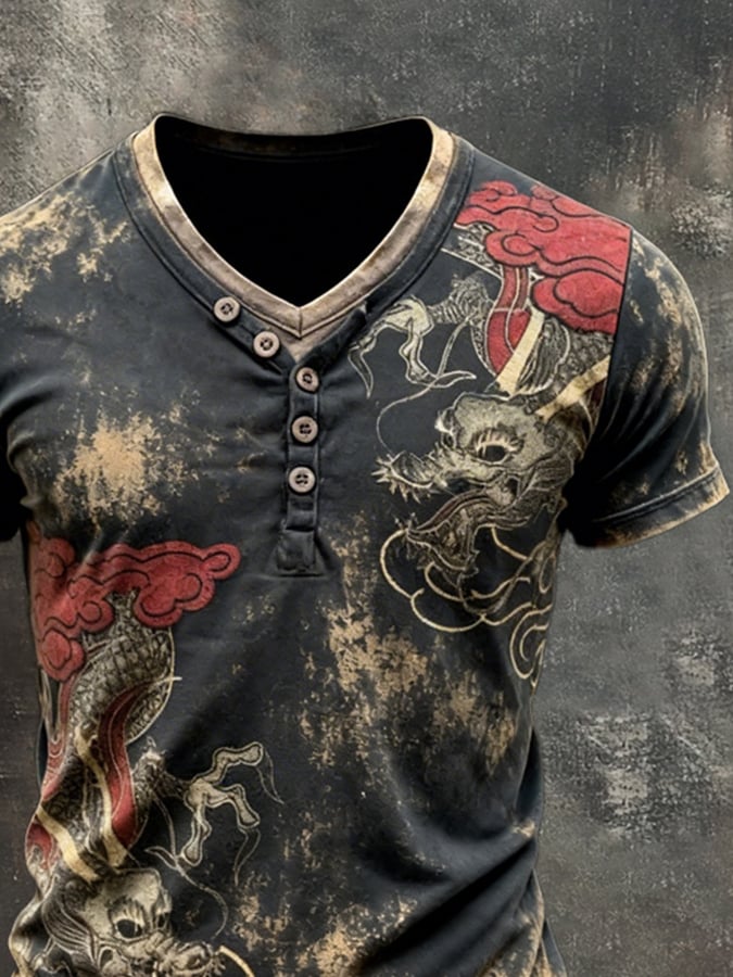 Men's Retro Print Color Block Double-Layer V-Neck Short-Sleeve Top