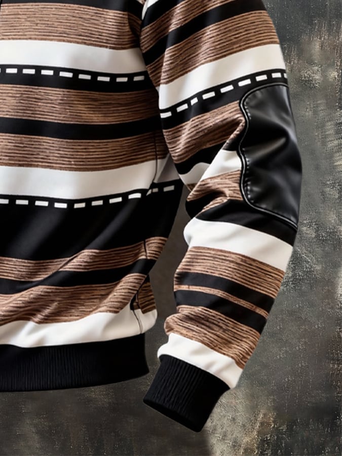 Men's Retro Color Block Print Color-Blocked Zip-Up Sweatshirt