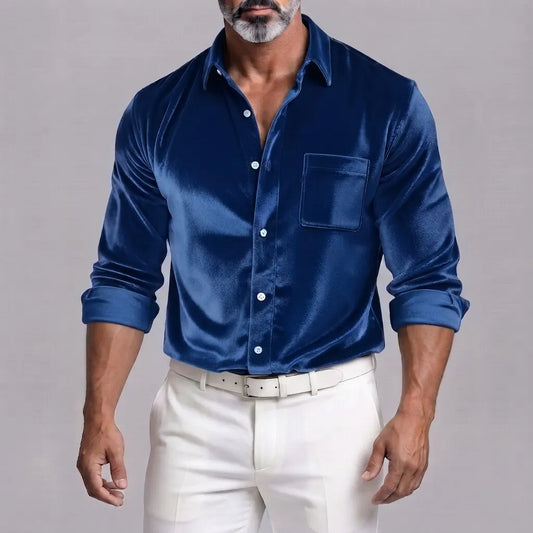 Men's Velvet Solid Color Button-Down Chest Pocket Long Sleeve Shirt