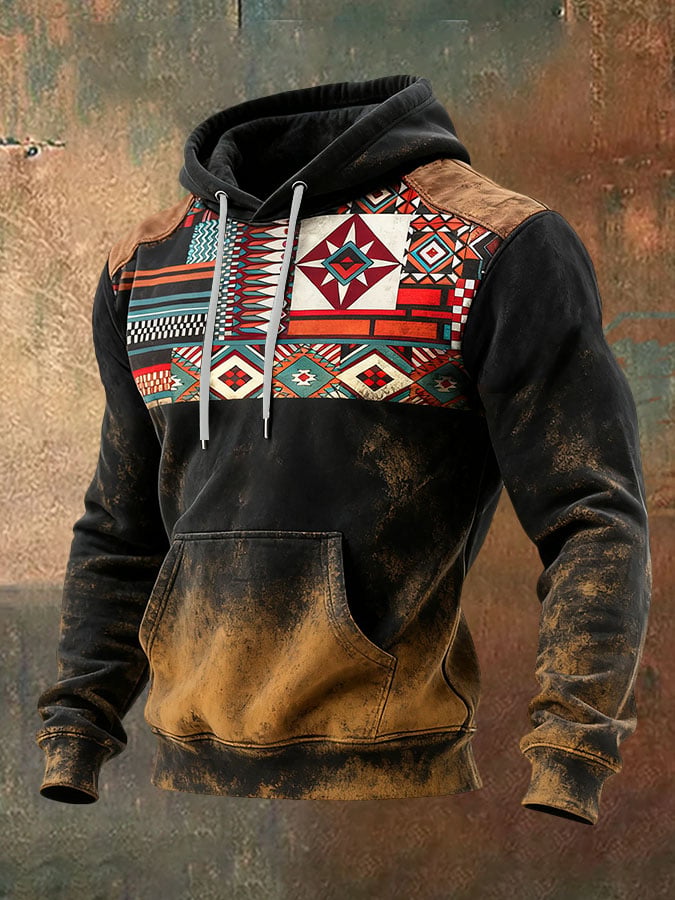 Men's Casual Retro Print Long Sleeve Hooded Sweatshirt