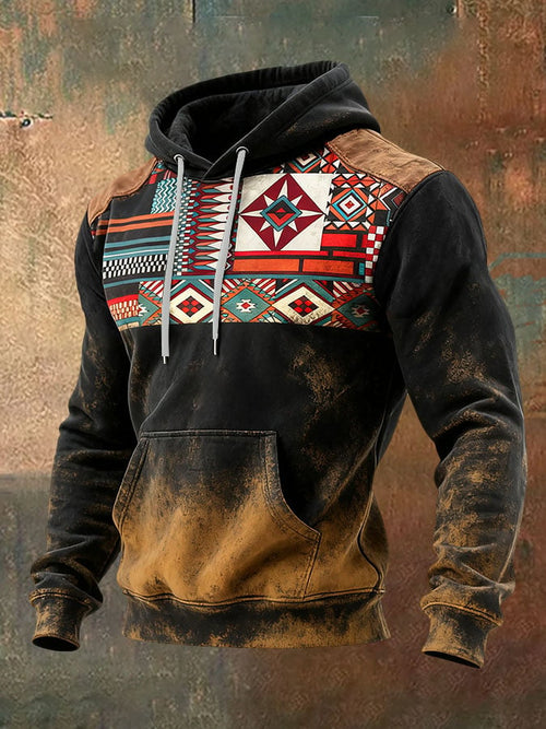 Men's Casual Retro Print Long Sleeve Hooded Sweatshirt