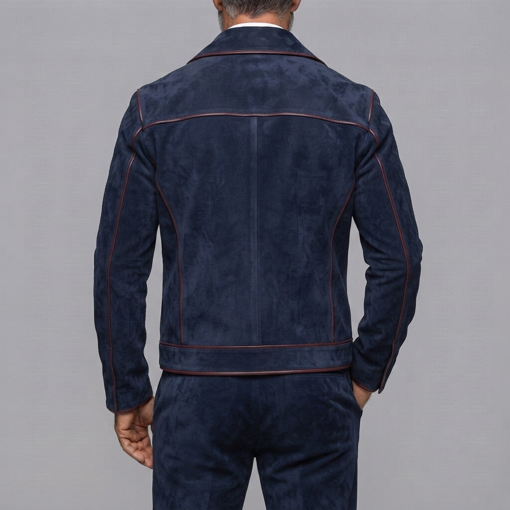 Men's Classic Navy Blue Suede Contrast Piping Asymmetrical Zipper Slim Fit Jacket