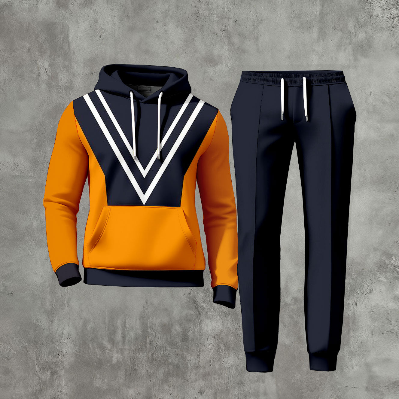 Men's Casual Orange And Navy Blue Color Matching Printed Long-Sleeve Hoodies Sweatshirt & Trousers Two-Piece Set