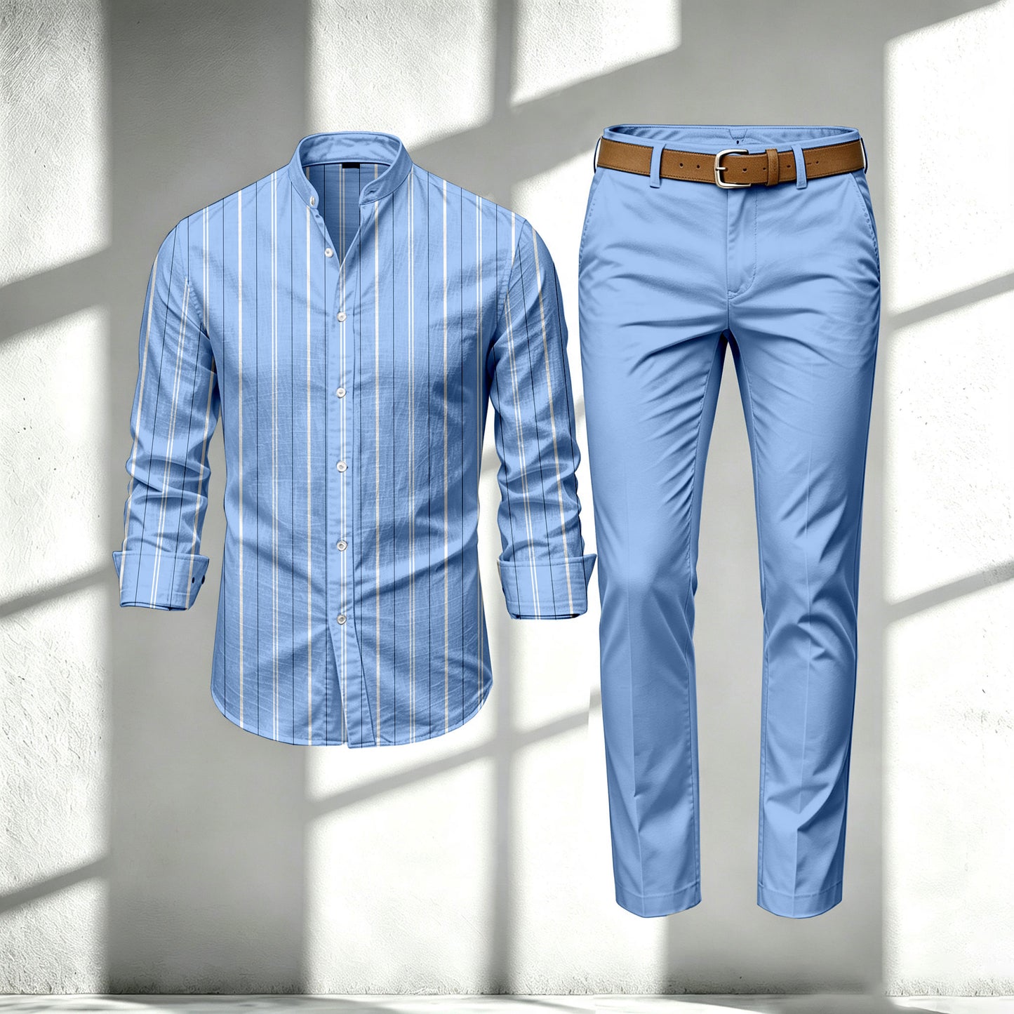 Men's Striped Print Stand-Collar Long-Sleeve Shirt and Pants Set