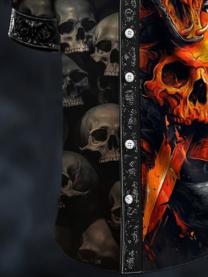 Men's Casual Dark Skull Art Satin Shirt