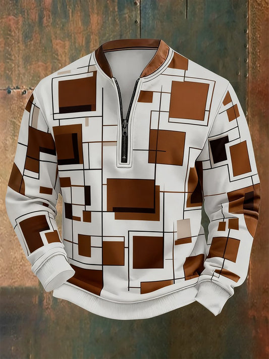 Men's Retro Bauhaus Geometric Style Print Quarter Zip Sweatshirt