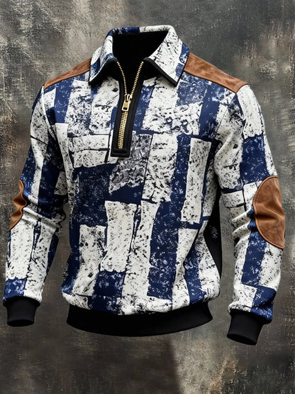 Men's Retro Color Block Print Zipper Sweatshirt
